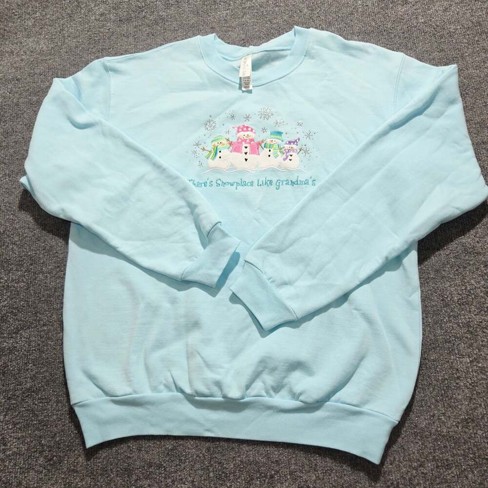 Morning Sun There's Snowplace Like Grandma's Snowman Sweatshirt Medium Blue